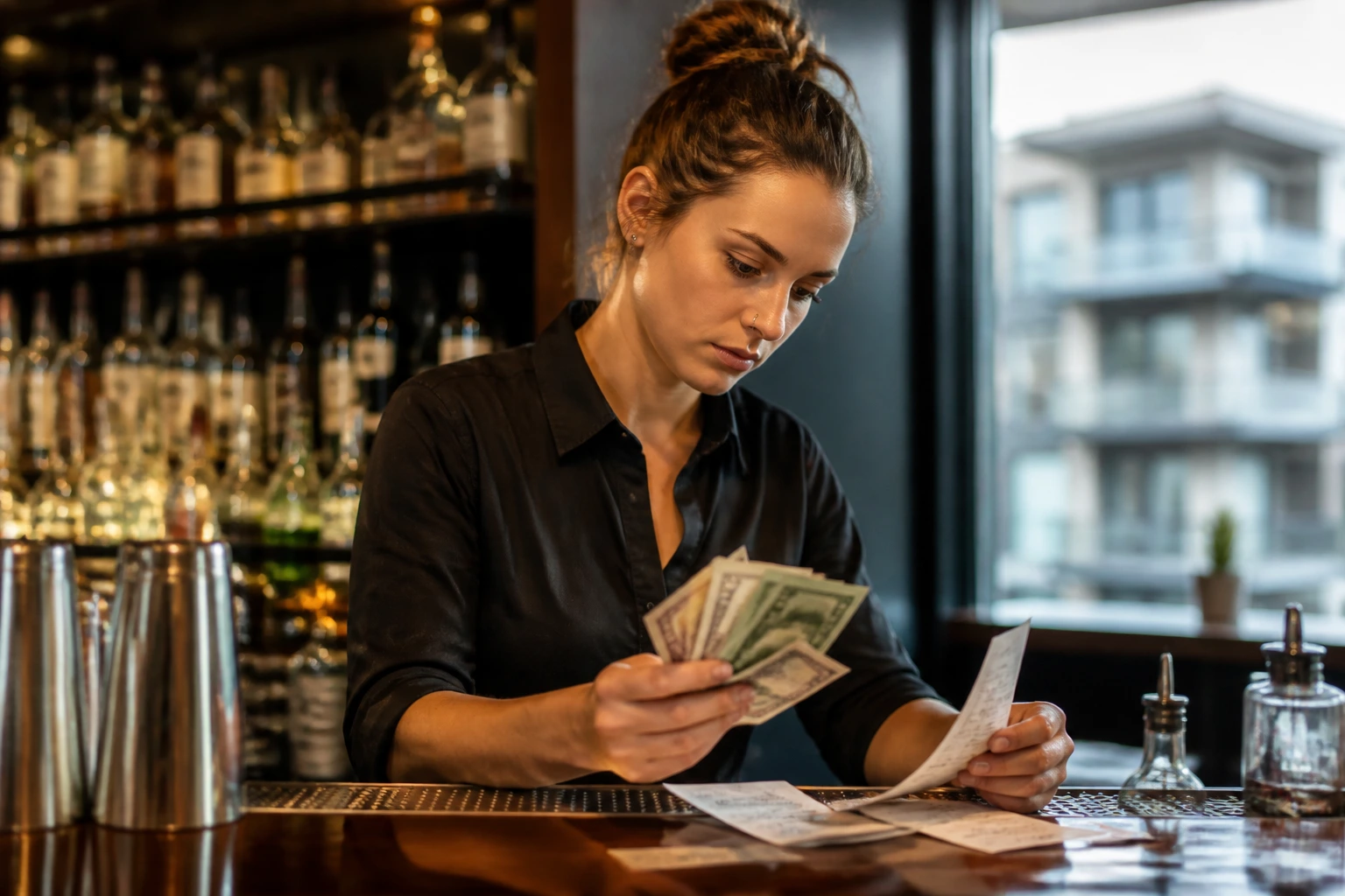 Bartender counting tips and cash at bar with calendar blur