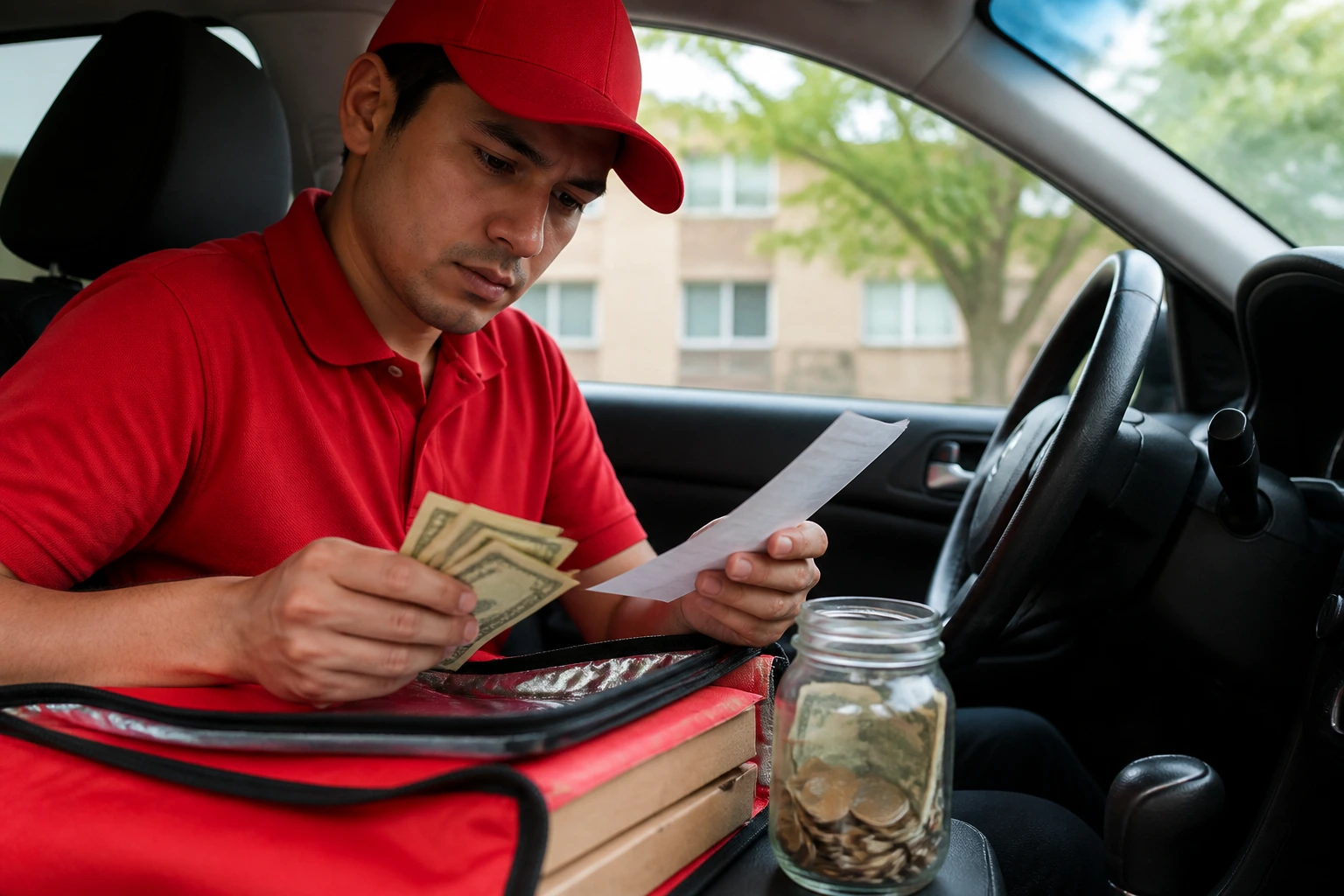 Delivery driver in car focused on the road