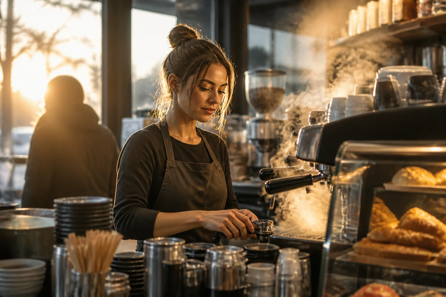 Barista at the cafe counter during opening hours with steam rising