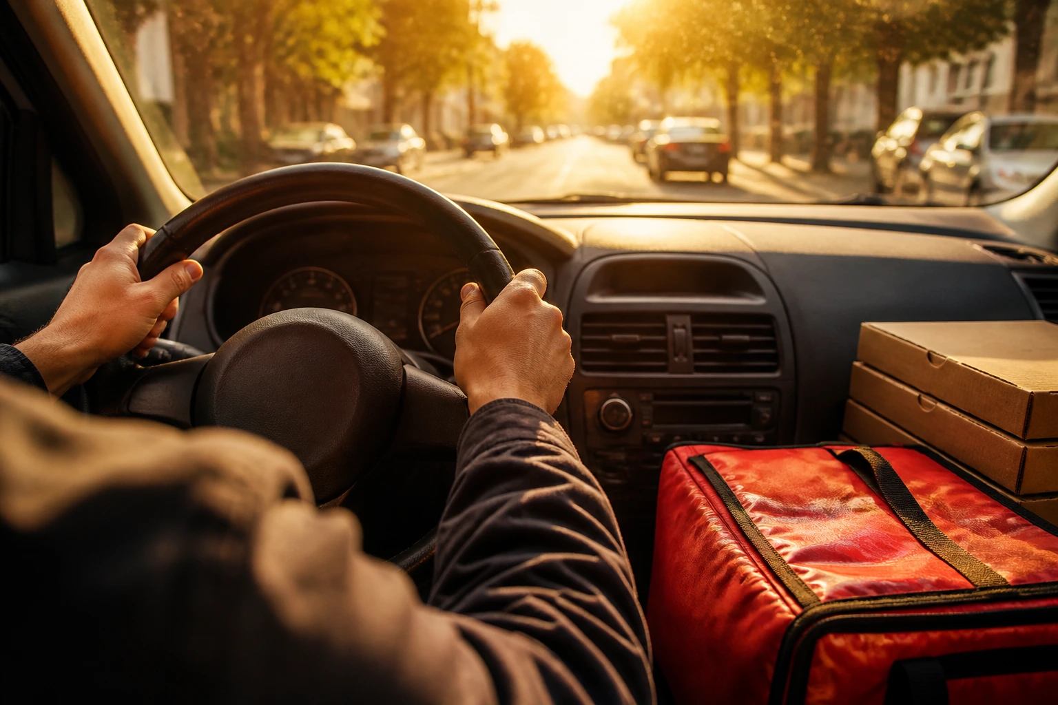 Close-up of delivery driver's hands on steering wheel in car
