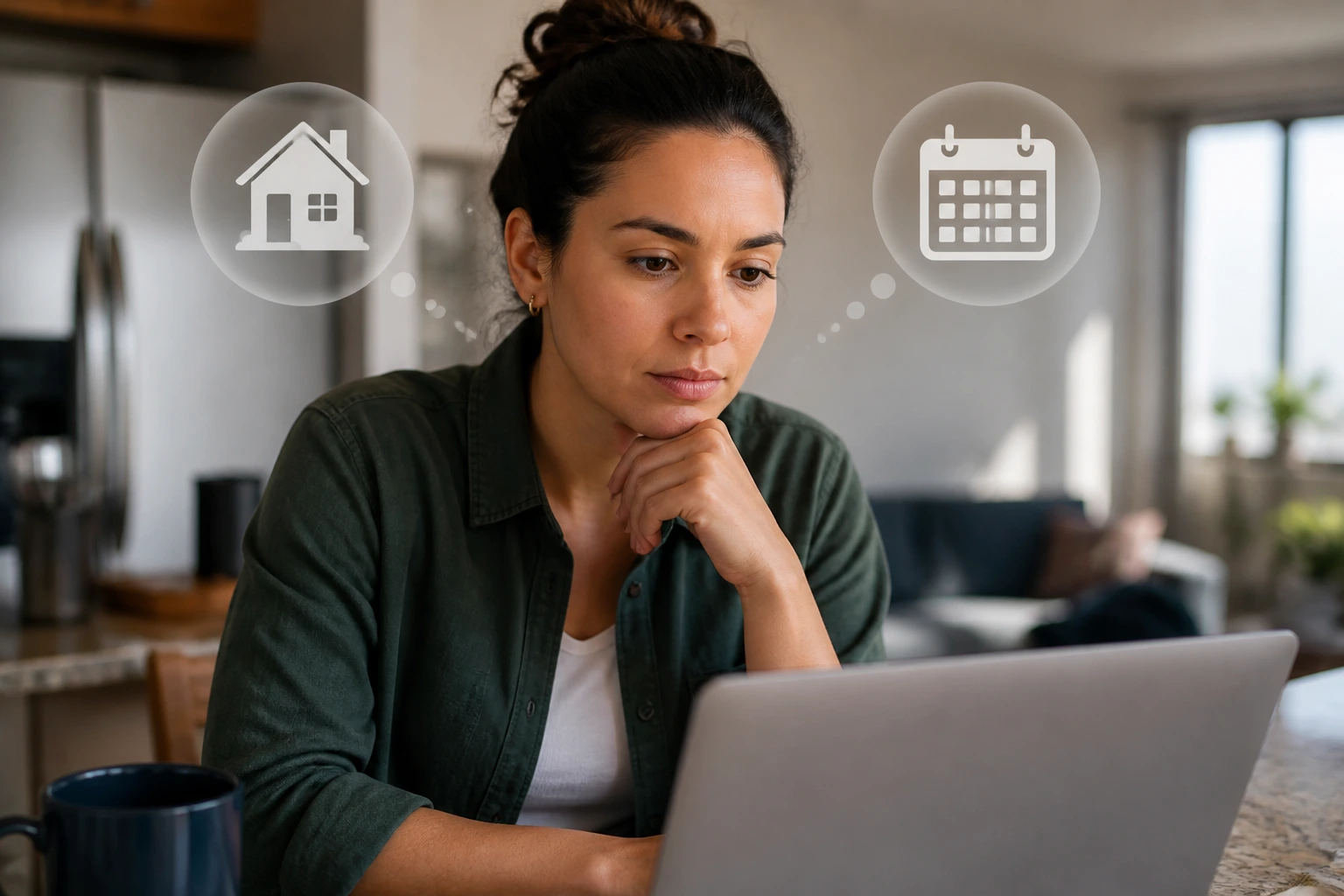 Close-up of an adult considering paychecks, schedules, and housing factors in a home setting