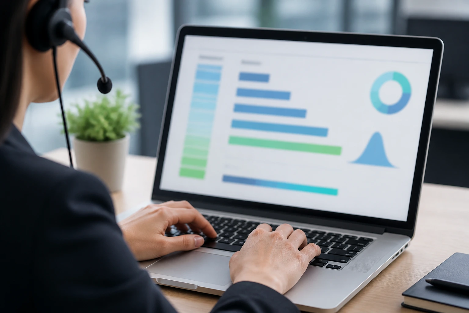 Hands on laptop with blurred payroll dashboard in an office