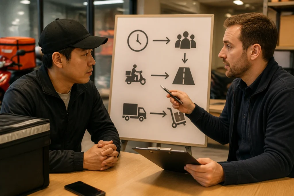 Two professionals discuss payroll with an icon-based whiteboard in a depot office.
