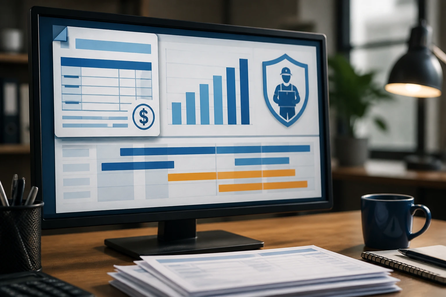 Monitor showing payroll charts representing pay and overtime protections