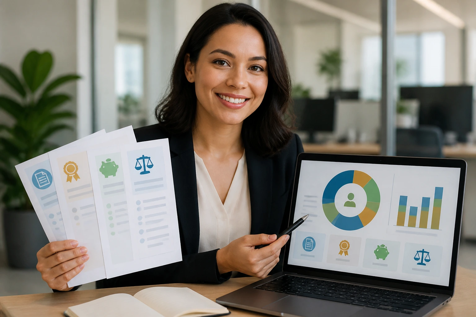 HR professional reviewing payroll dashboard in a modern office