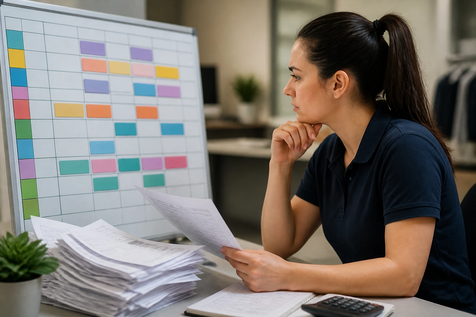 Person reviewing an abstract roster board at a desk