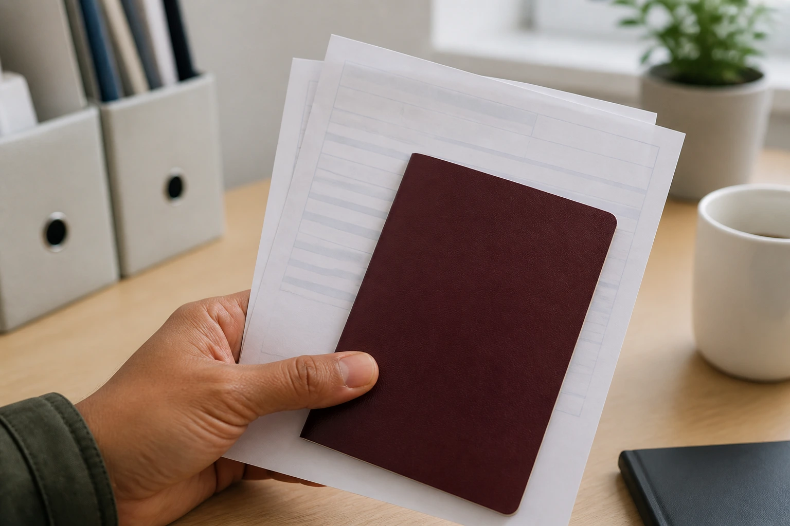 Close-up of a hand holding blank documents and a passport-style card, illustrating workers' rights and documentation