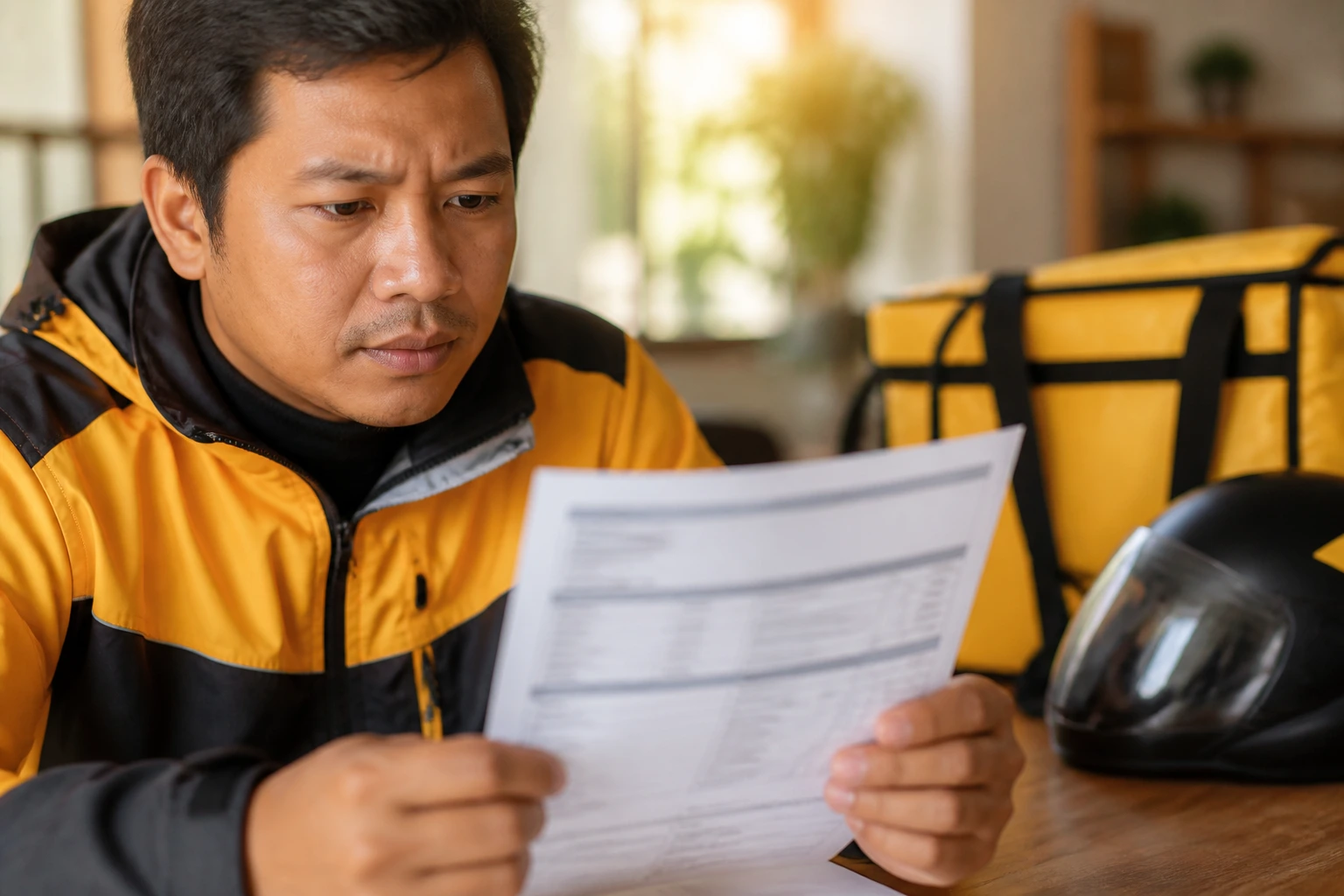 Person reviewing a payslip with blurred details