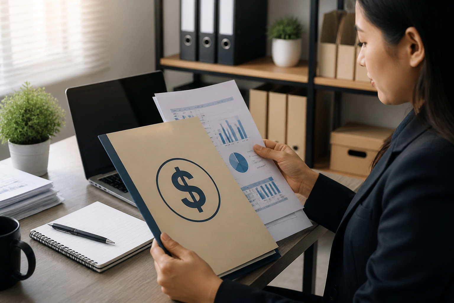 Person reviewing a folder with abstract charts and a dollar symbol in a tidy office