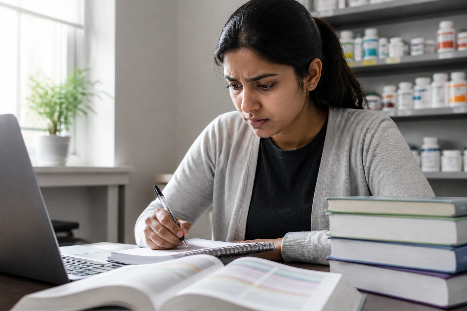 Close-up of a pharmacist candidate studying PEBC materials in a quiet home office
