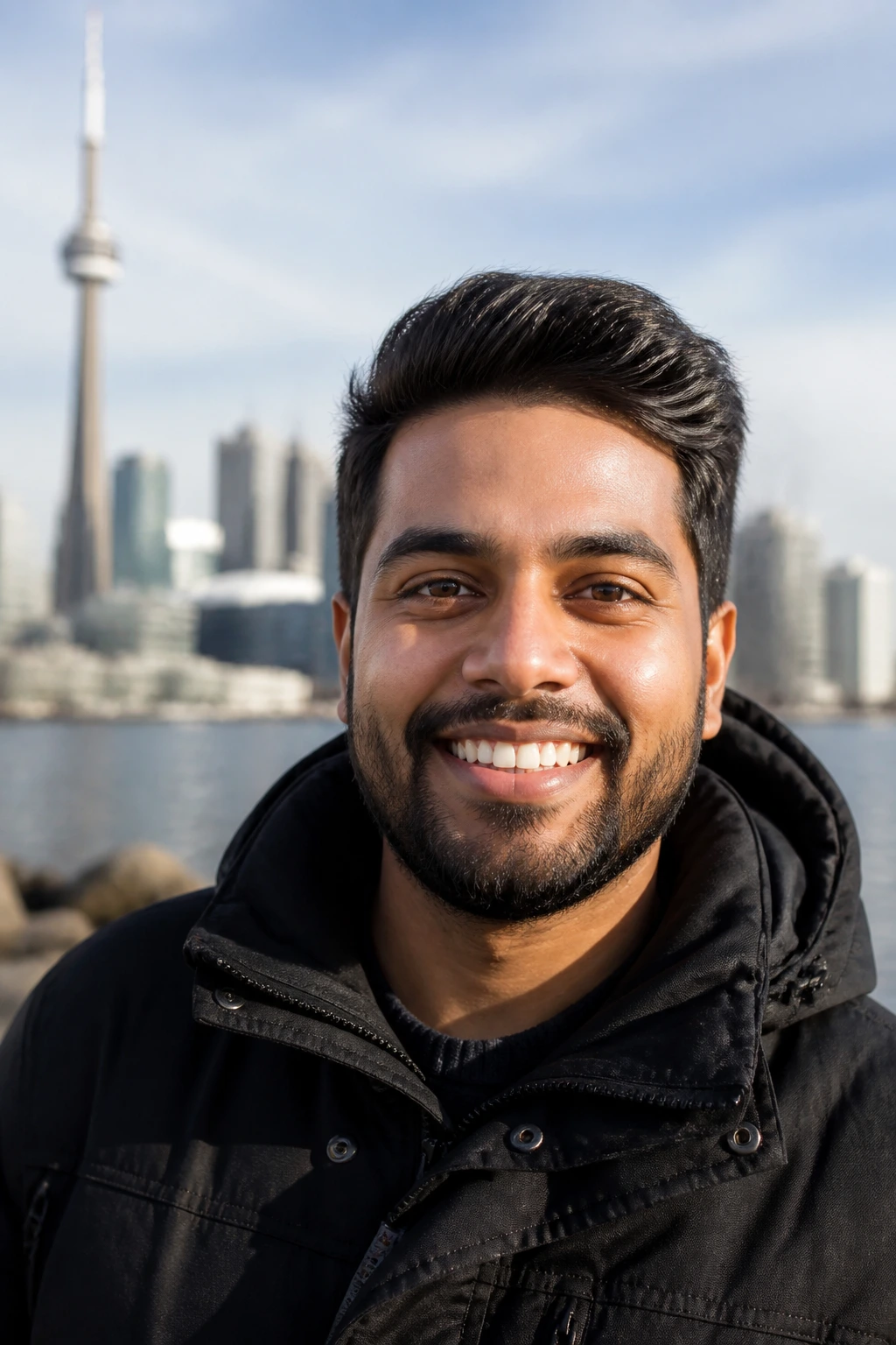Smiling person with city skyline background illustrating the perks of migrating to Canada