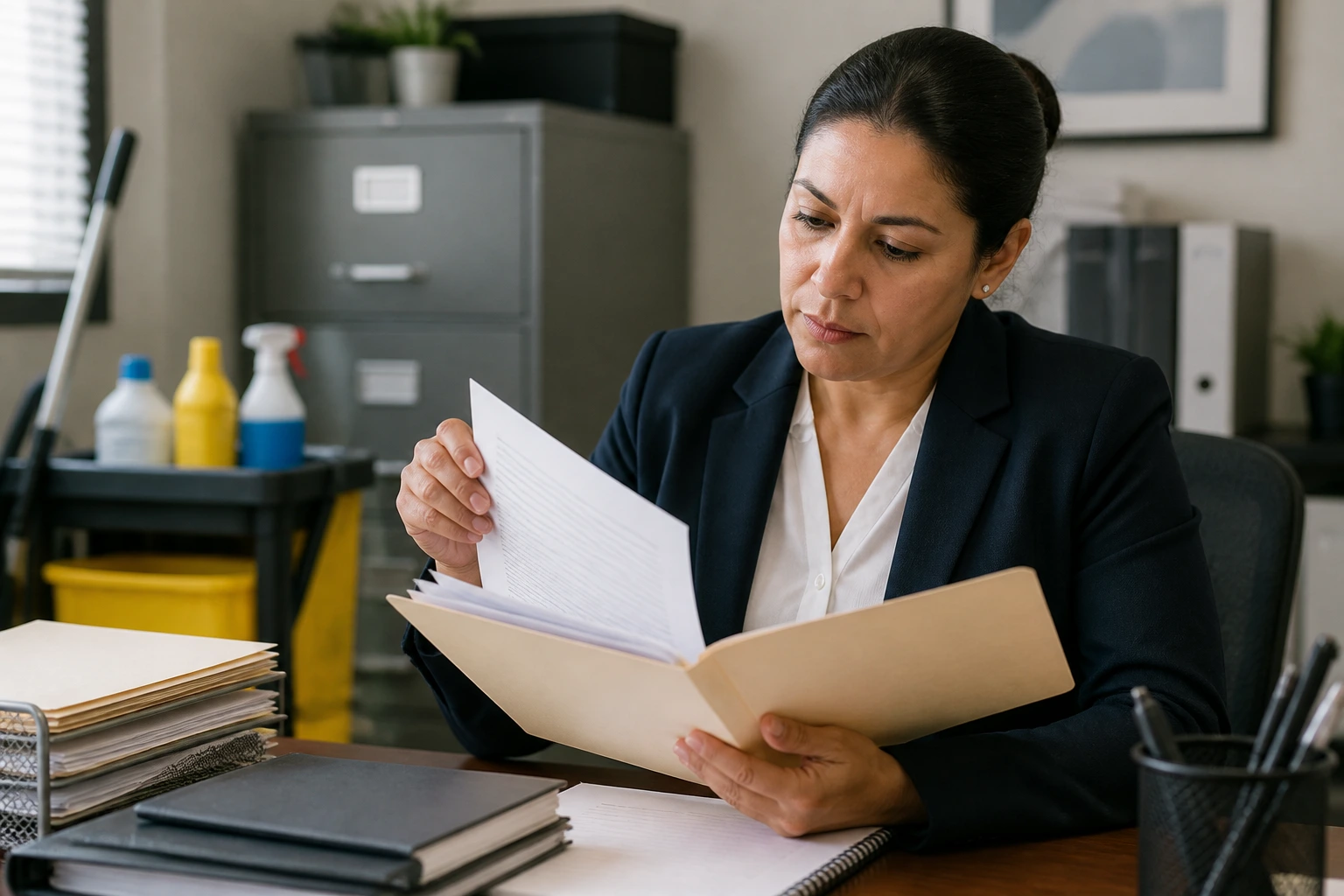 Person reviewing documents on a desk in an office hinting at PERM process.