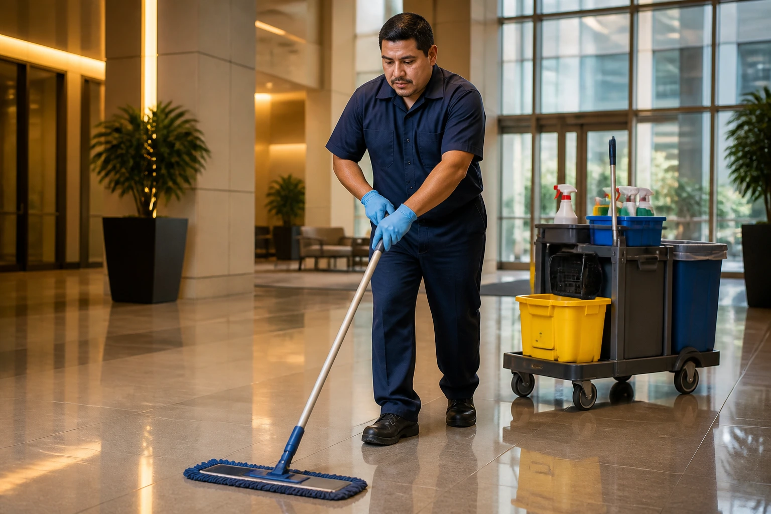 Custodian in uniform cleaning a floor in a modern office lobby.