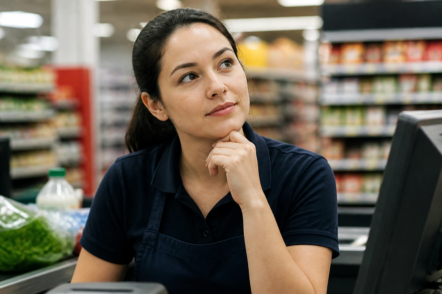 Portrait of a supermarket cashier in uniform contemplating immigration options