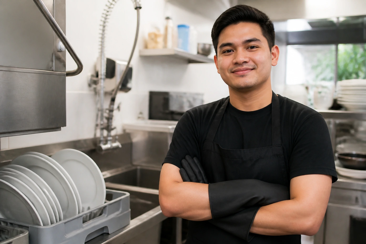 Portrait of a confident worker in a bright kitchen.