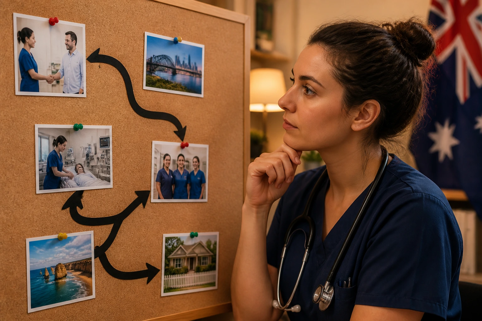 Person studying a corkboard roadmap with arrows toward residency in a warm office