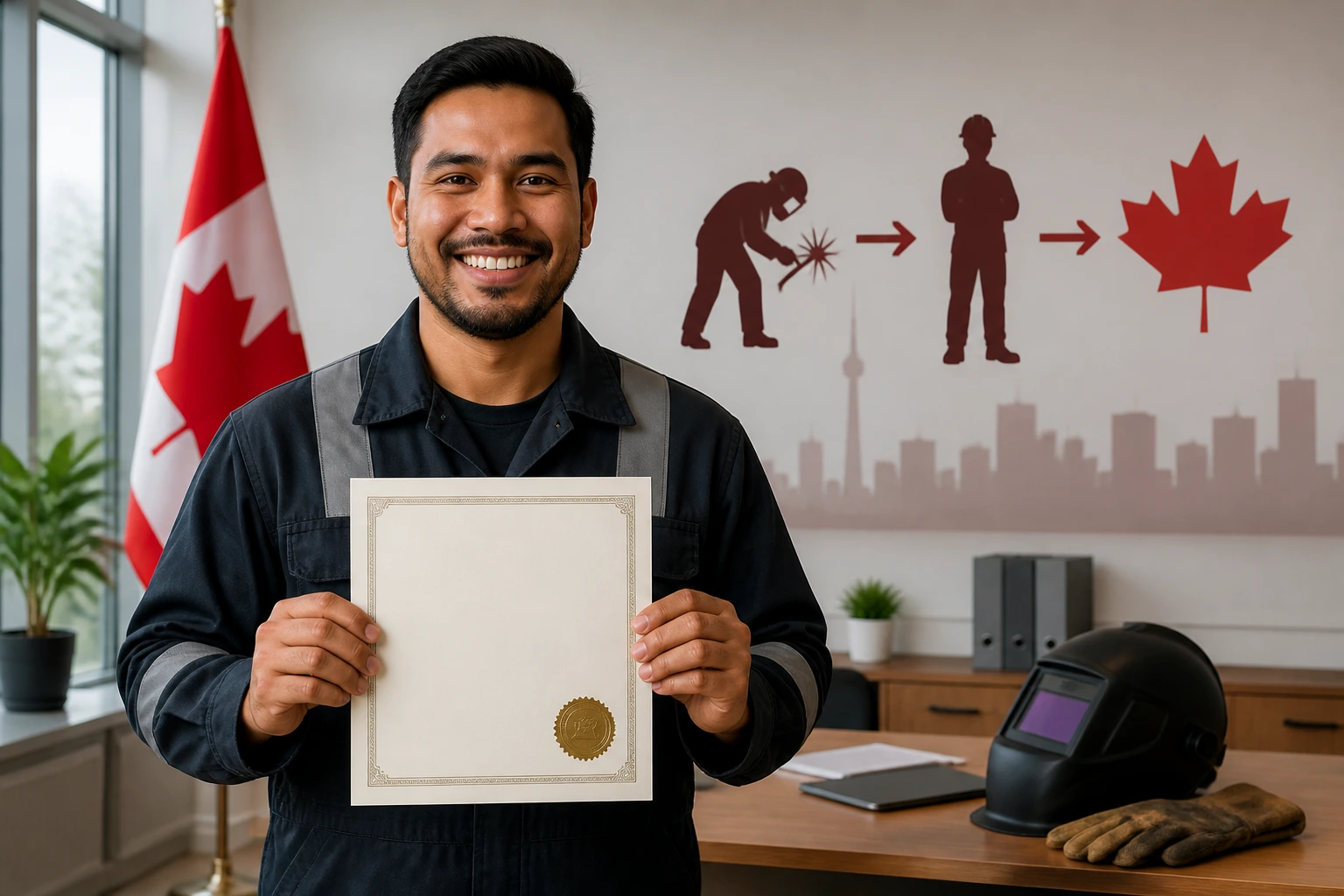 Worker celebrating transition to permanent residency with certificate in a Canadian office