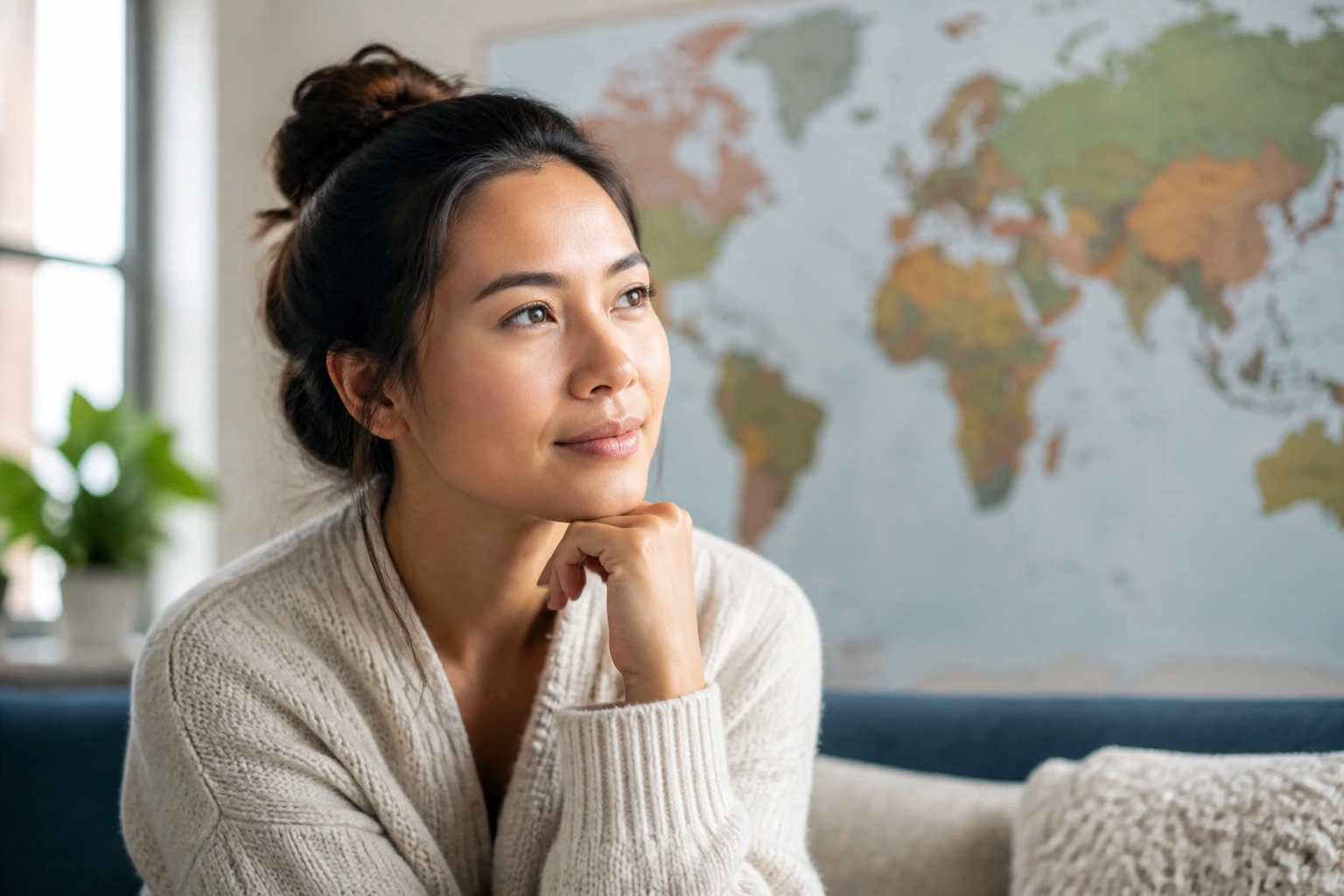 Portrait of a hopeful individual near a world map, considering residency path