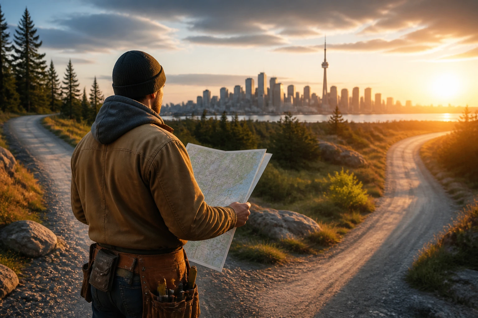 Person at a crossroads with a map looking toward the city horizon