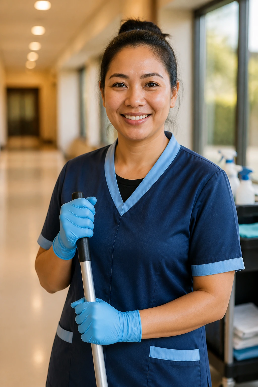 Cleaner portrait in bright corridor symbolizing permanent residency goals