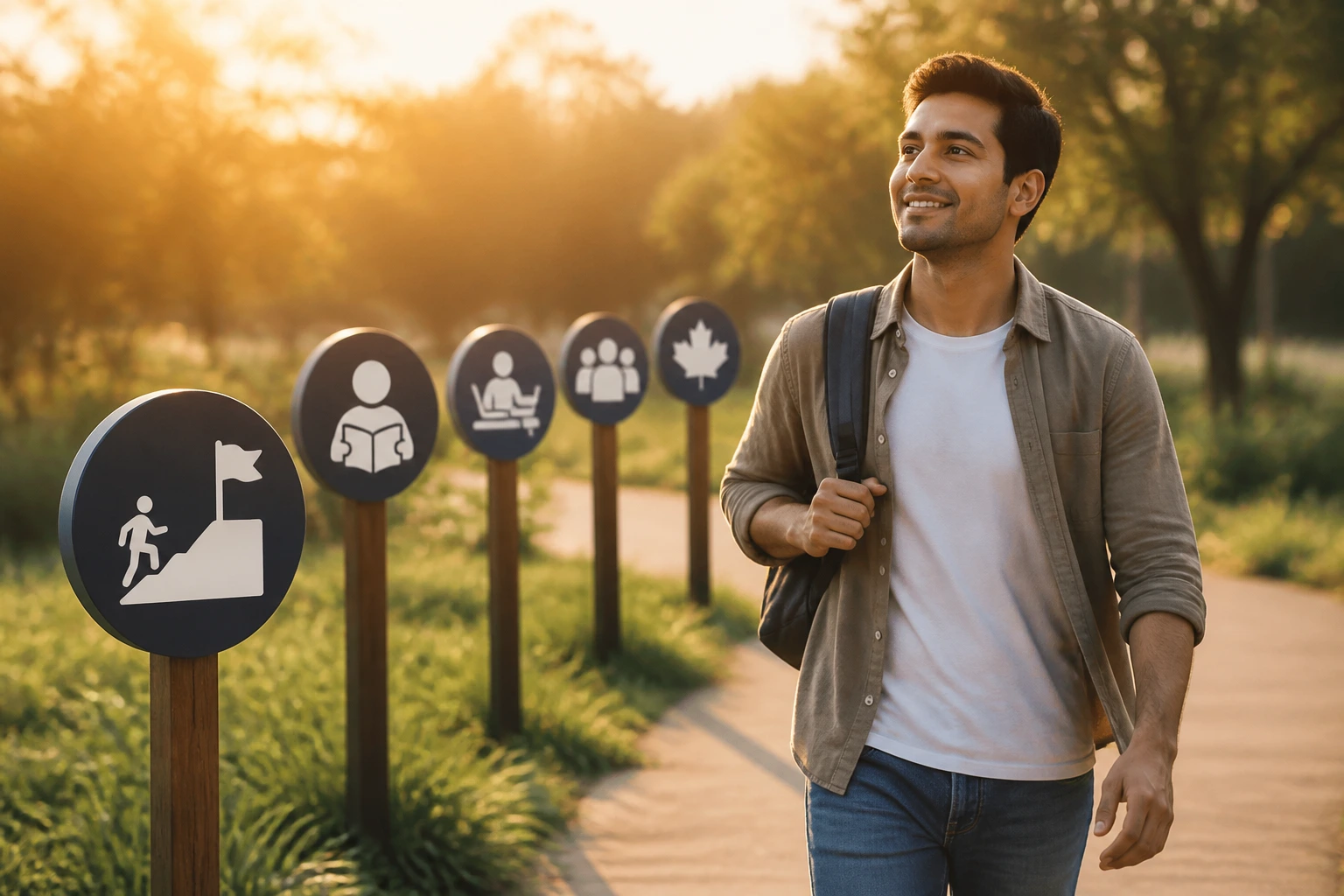 Person walking toward horizon with milestone icons along a sunlit path.