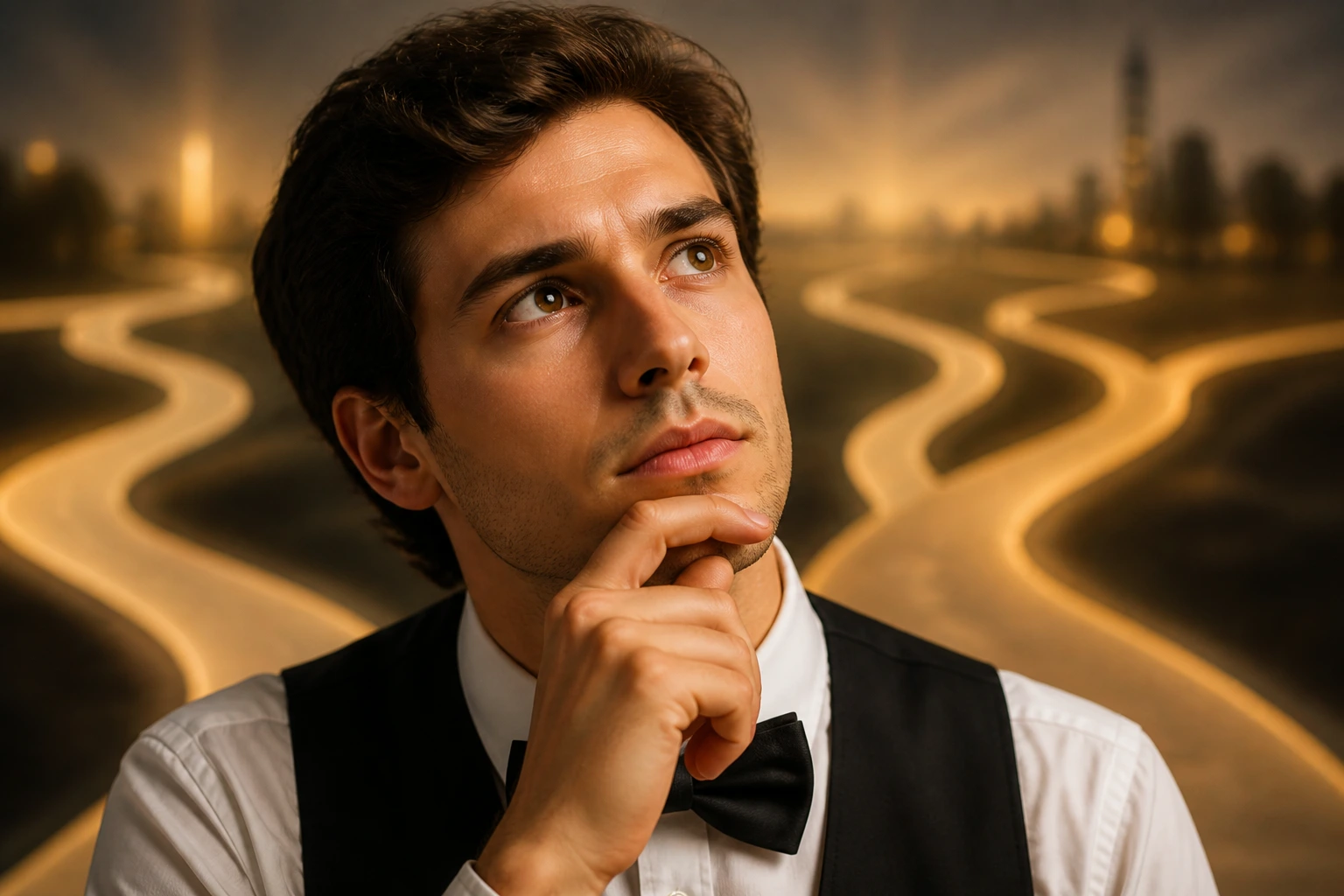 Thoughtful waiter portrait with abstract path-like lights behind suggesting immigration options