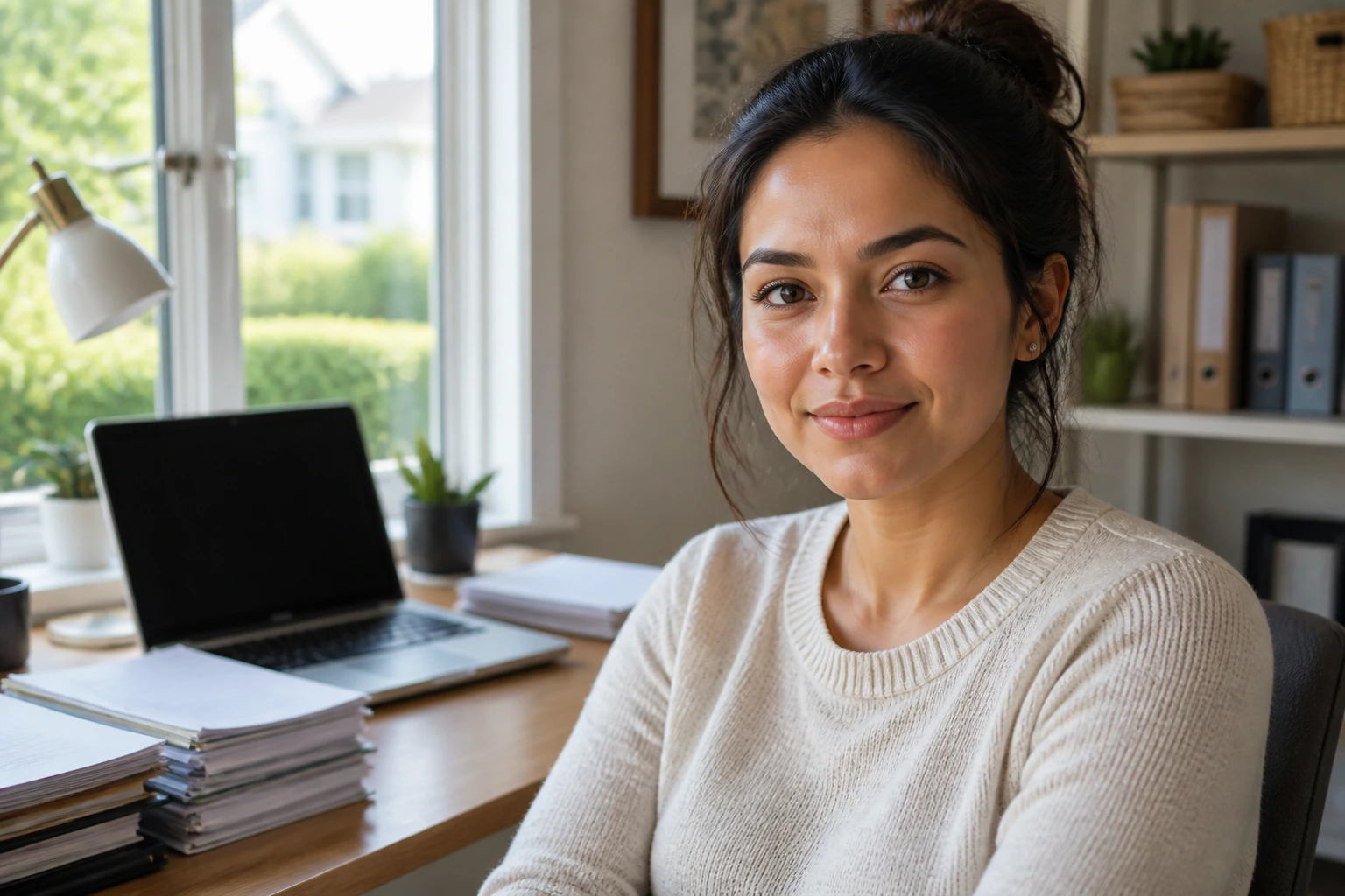 Portrait of a nanny in a home office with paperwork representing permanent sponsorship