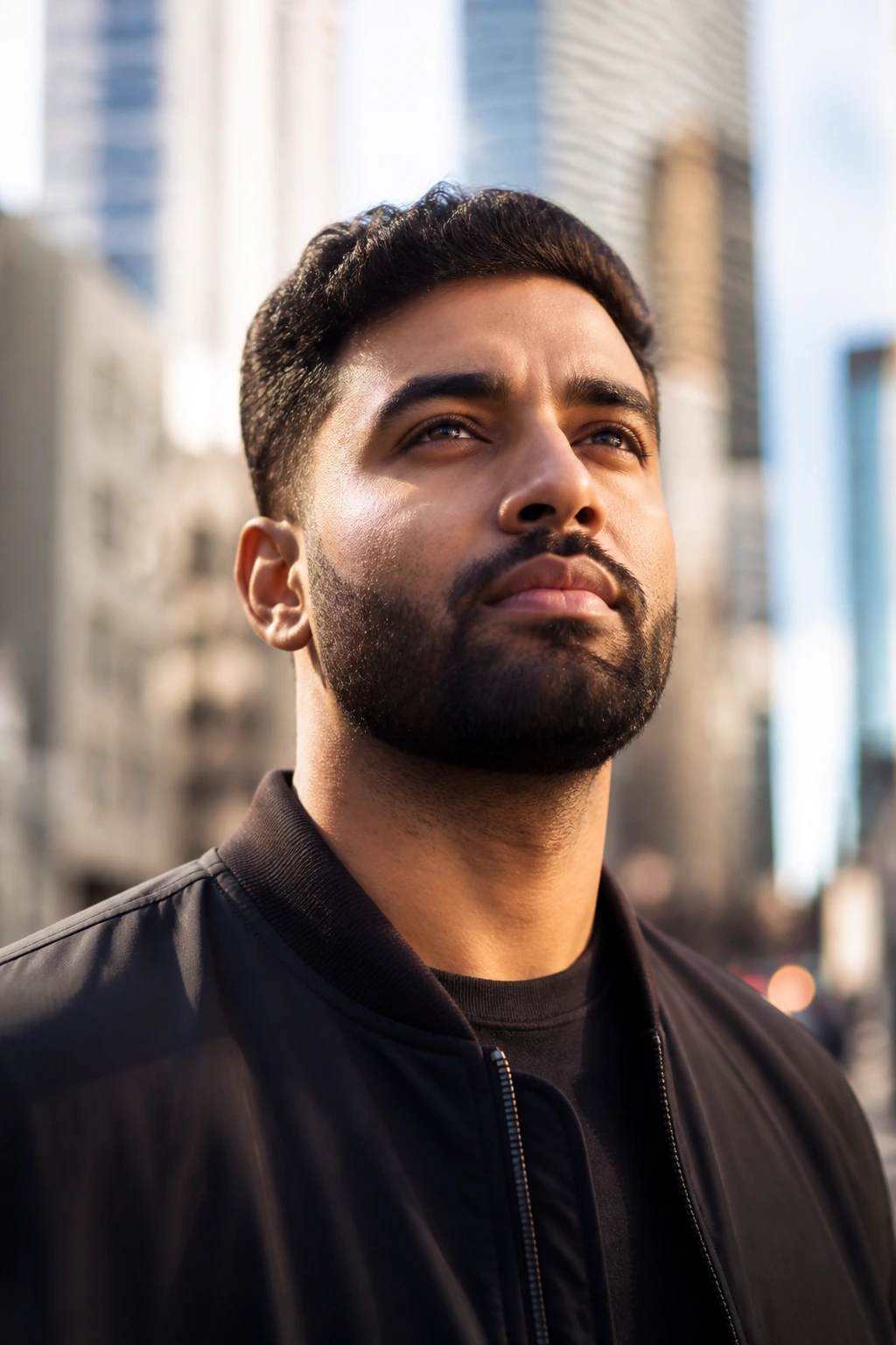 Close-up portrait of a real person outdoors, standing strong with a determined gaze