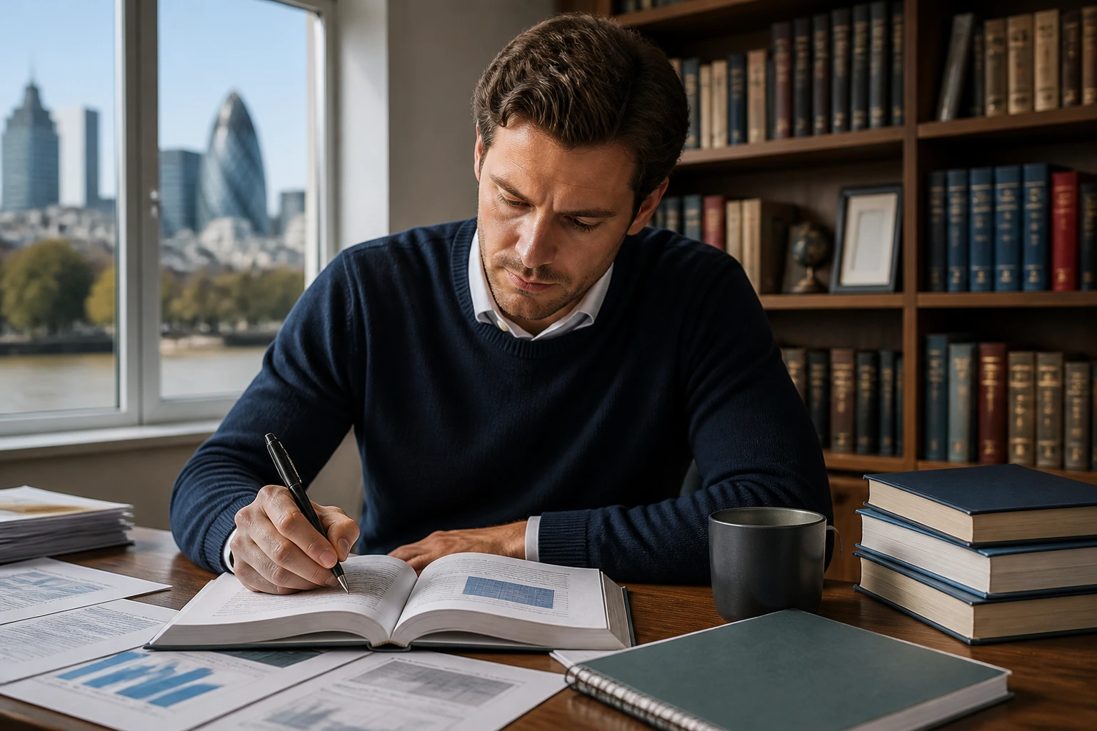 Close-up of a professional studying actuarial materials at a desk