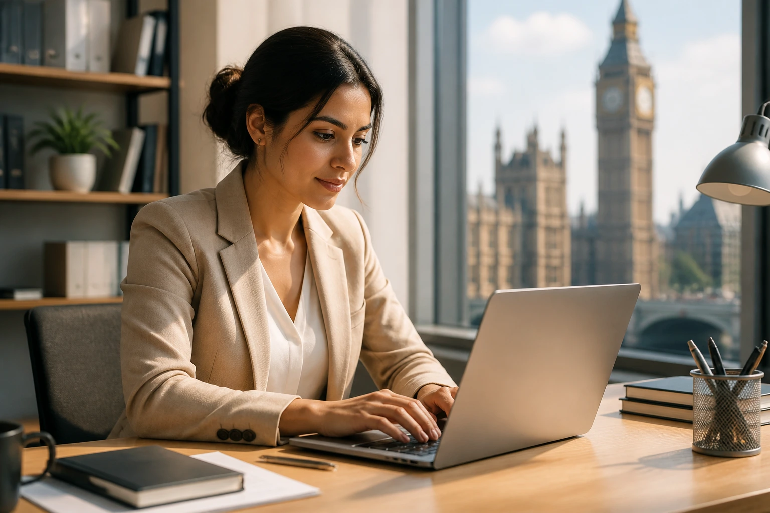Professional writer at a desk typing on a laptop in a quiet office.