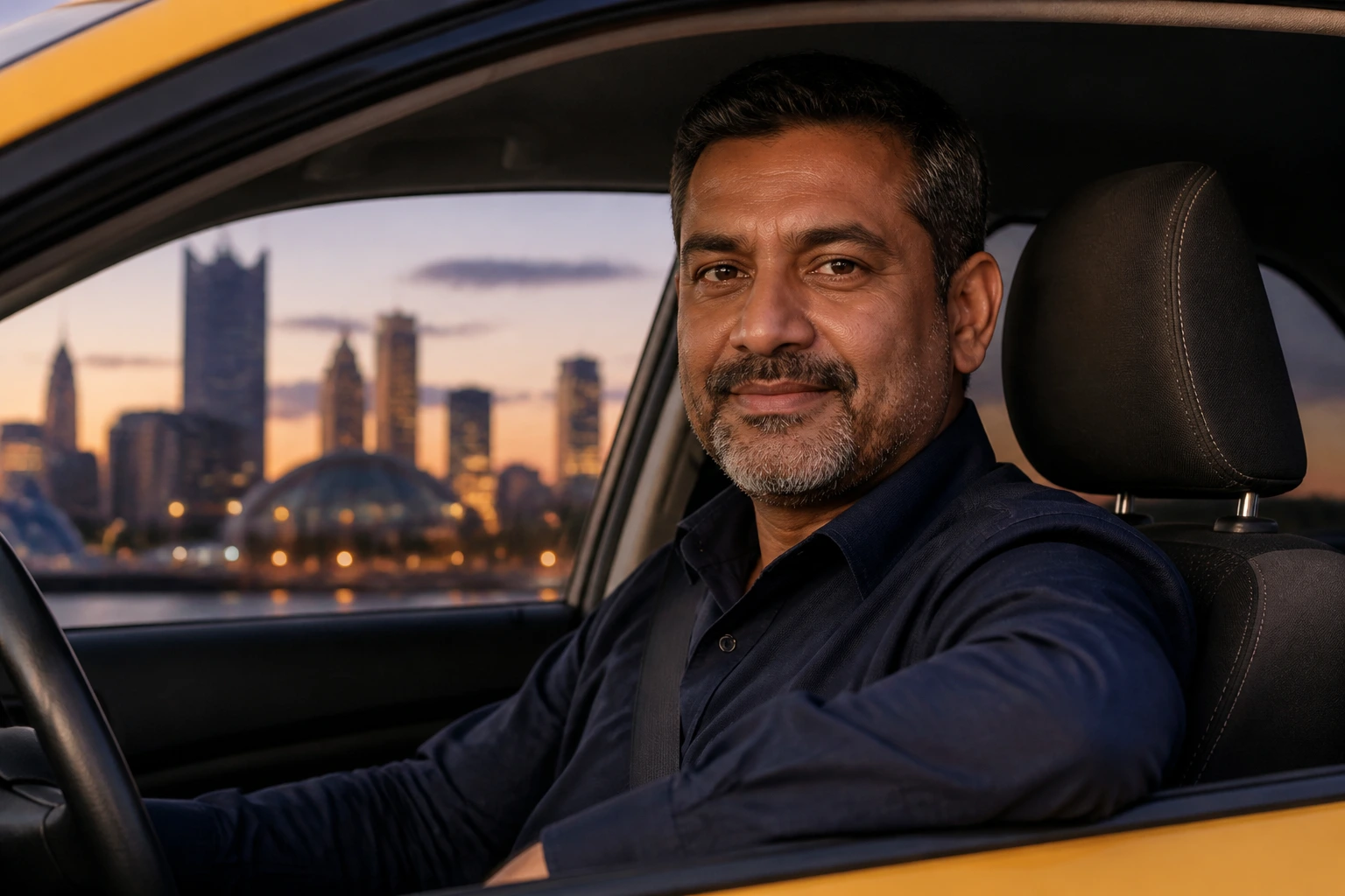 Taxi driver in car with twilight city silhouettes in the background