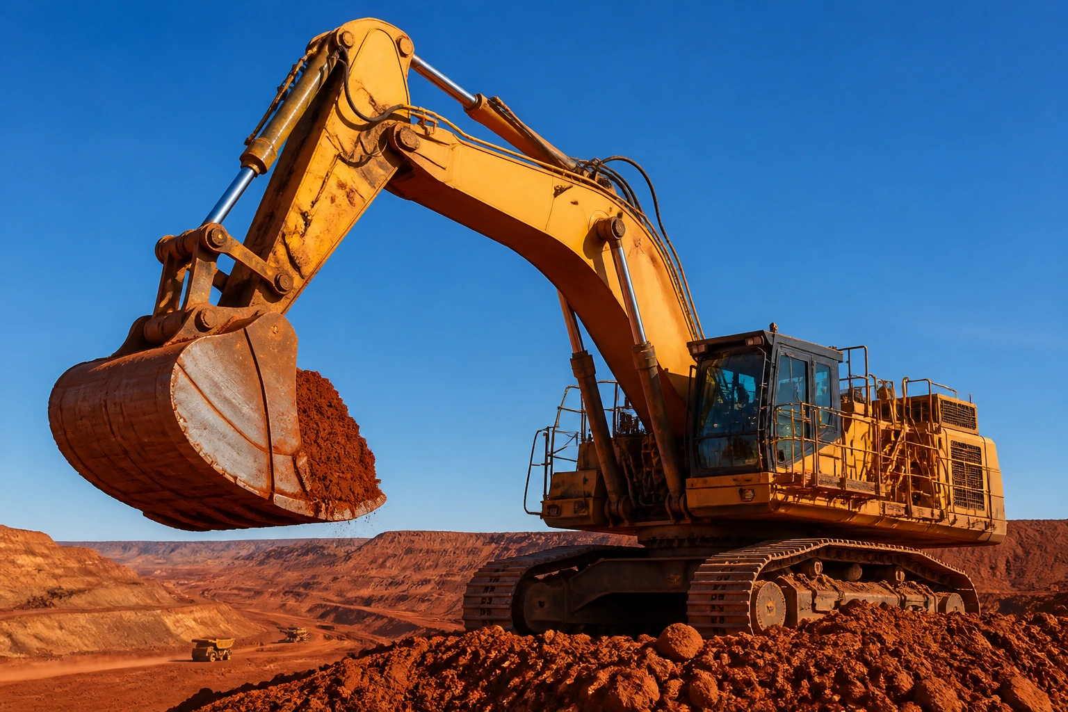 Mining excavator on red earth landscape, Perth region.