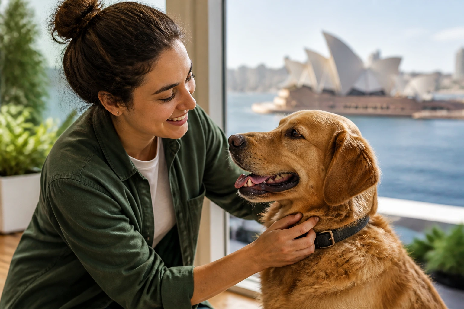 Close-up of a pet care worker with a dog in a cozy home environment