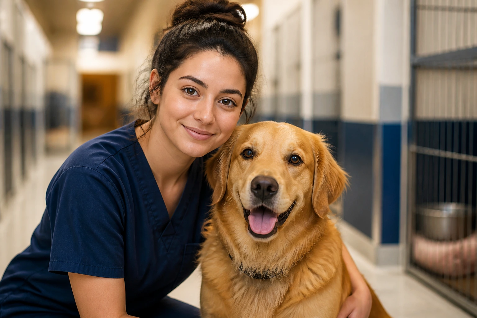 Pet care worker portrait with dog in shelter corridor