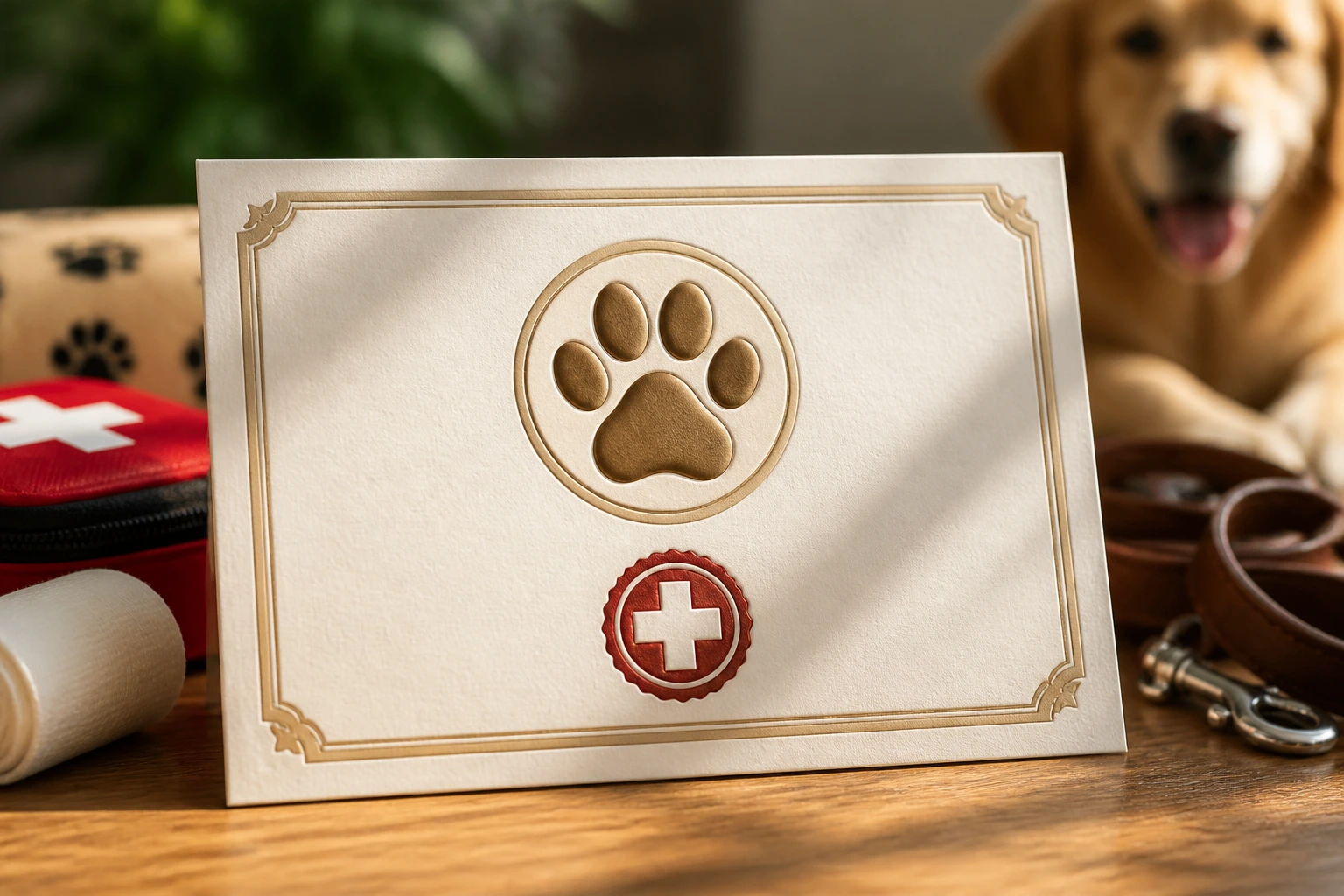 Close-up photo of a text-free certificate badge with paw emblem on a wooden desk