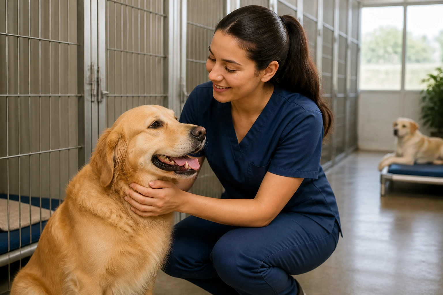 Pet sitter in a kennel showing sponsorship opportunities in pet care jobs