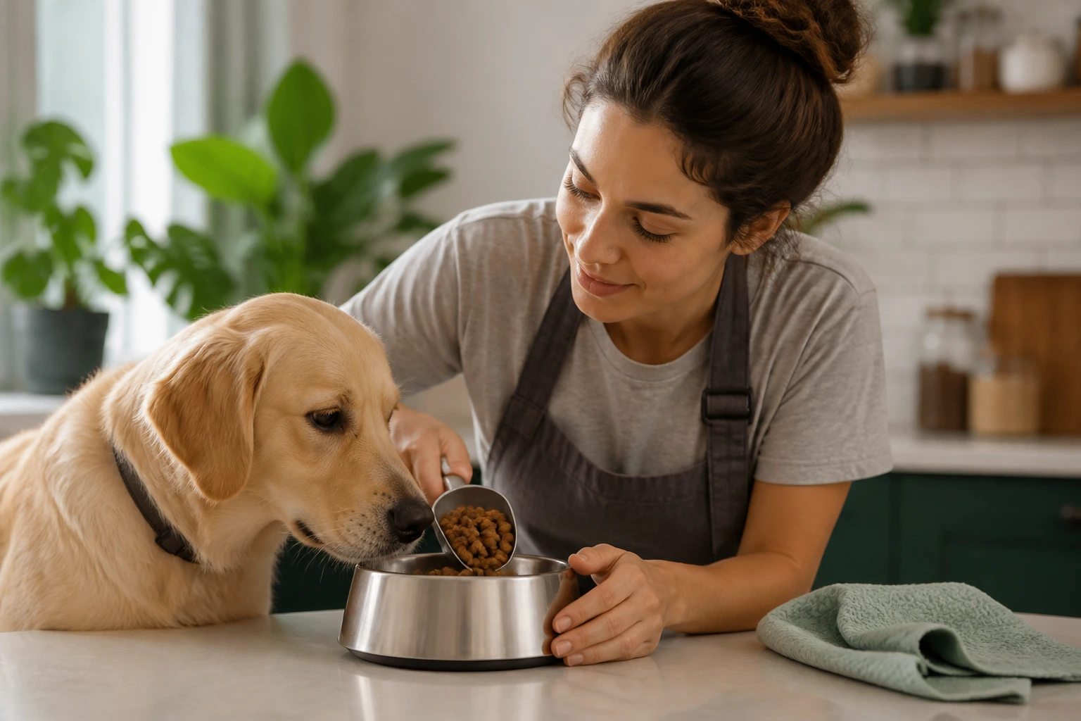 Person feeding a dog in a home kitchen