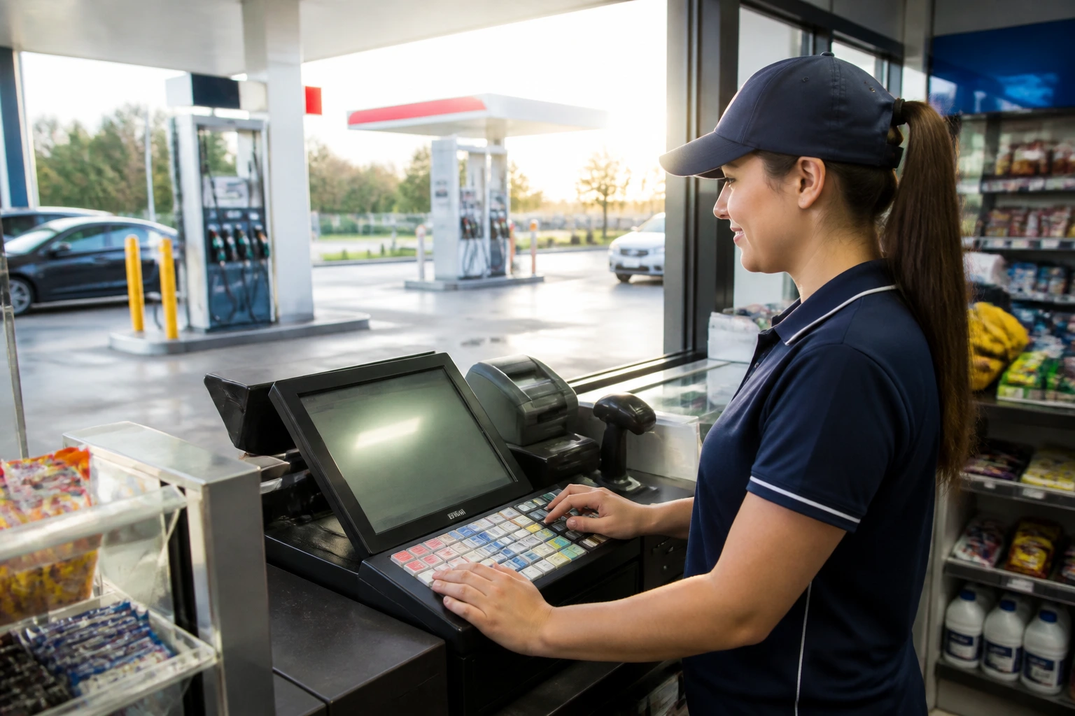 Petrol station attendant at console during morning shift with forecourt visible