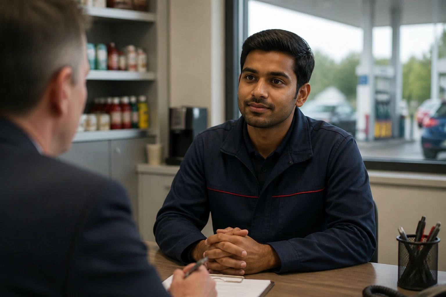 Candidate in mock interview for petrol station role with calm, confident expression