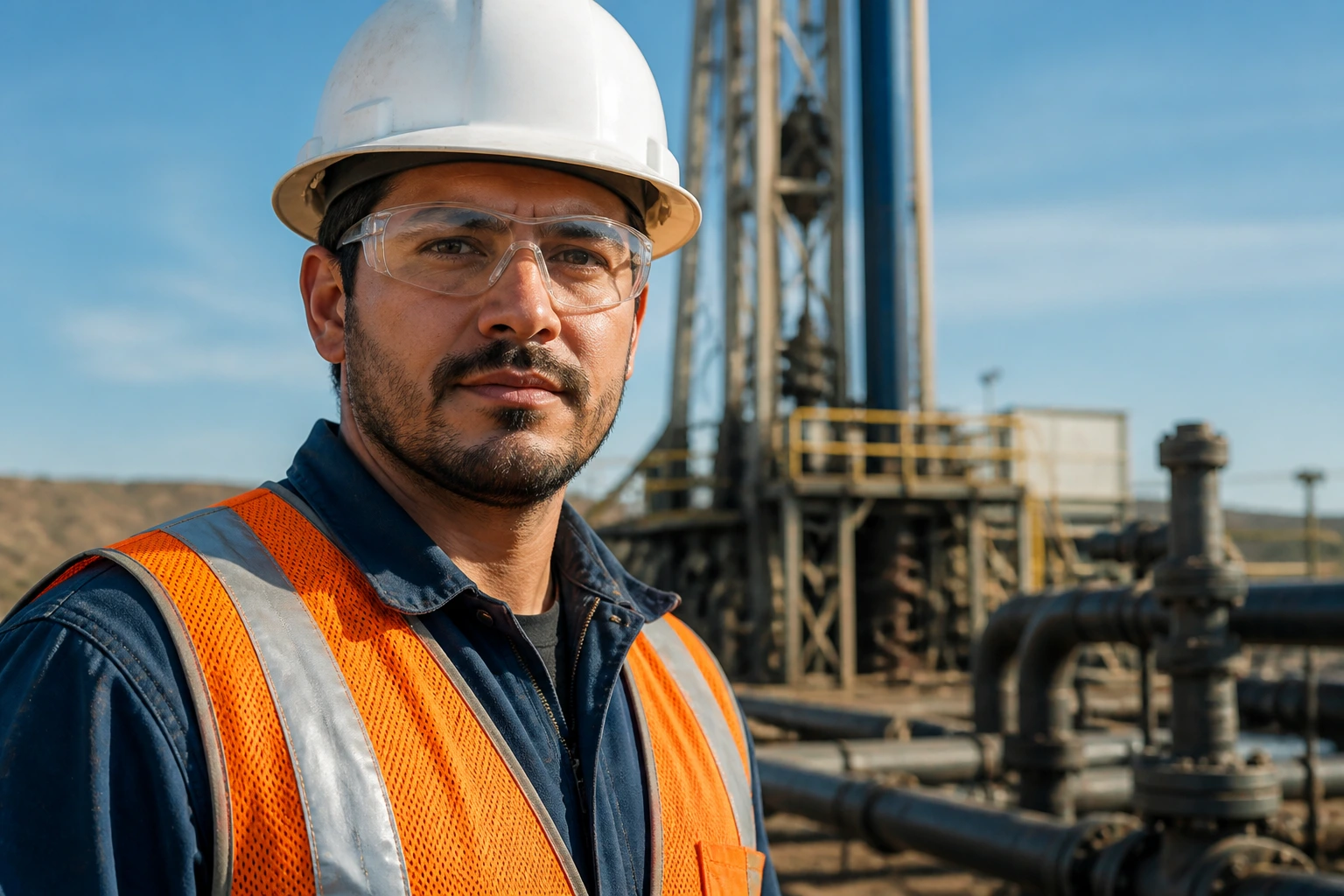 Close-up portrait of a petroleum engineer at a field site