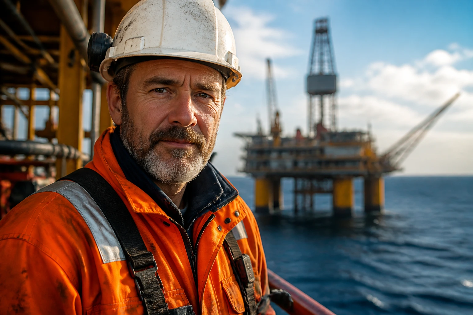 Close-up portrait of a seasoned petroleum engineer in PPE on an offshore site