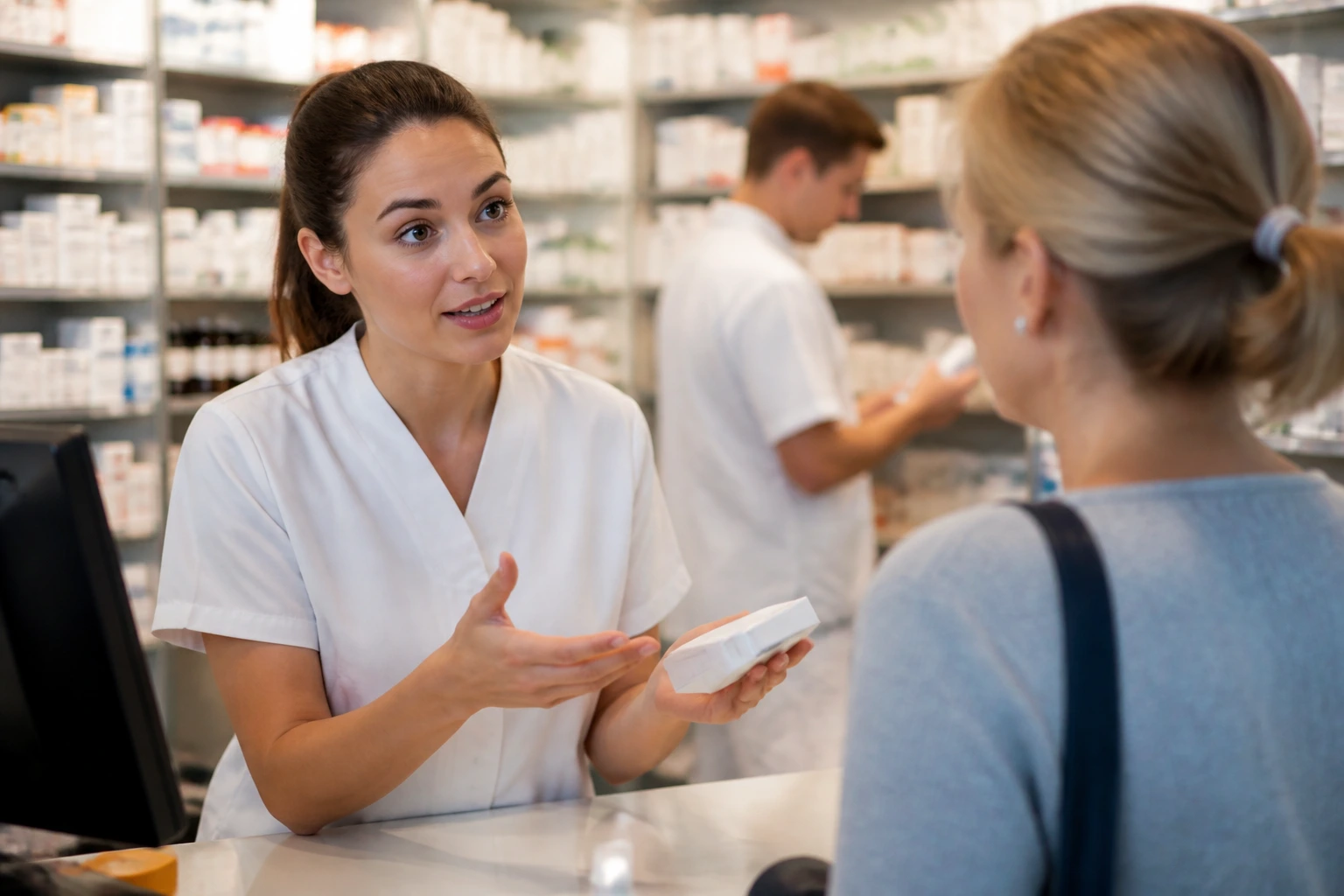 Close-up of a pharmacist at a busy counter illustrating clear spoken English in a pharmacy