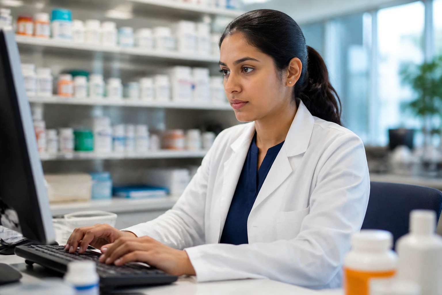 Close-up portrait of a pharmacist in a Canadian pharmacy, focused expression with computer workflow, background shelves