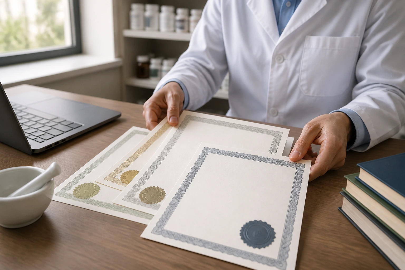 Hands organizing blank licensure documents on a desk