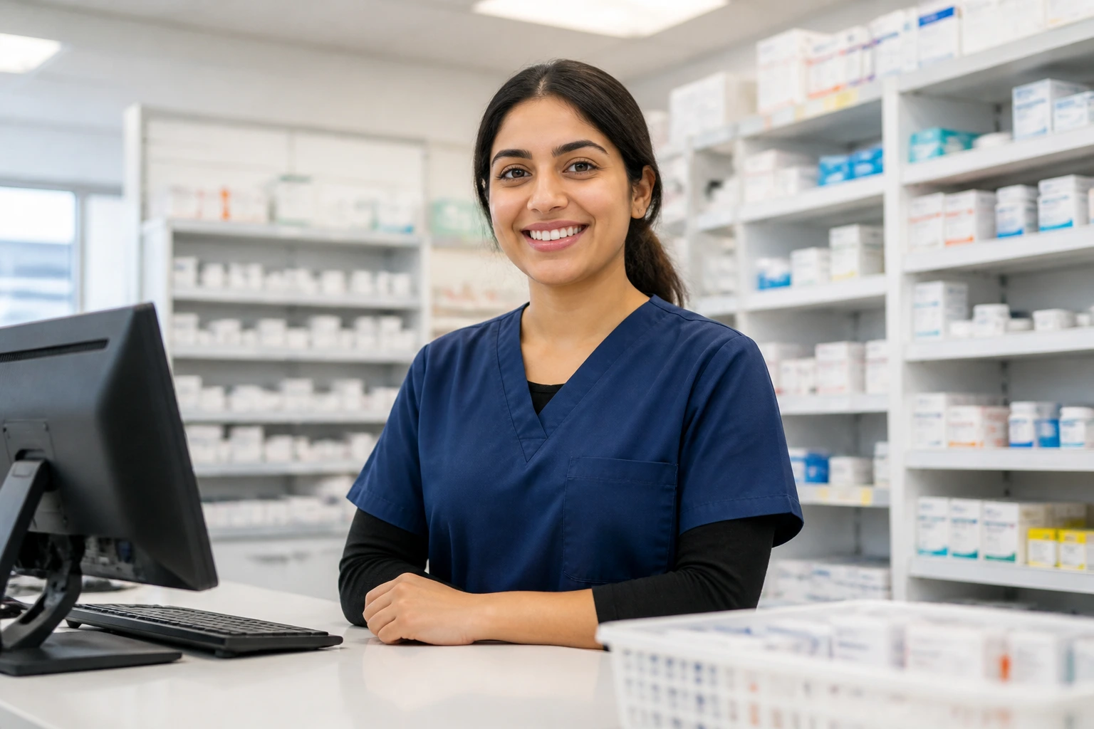 Confident pharmacy worker in a bright pharmacy representing career progression