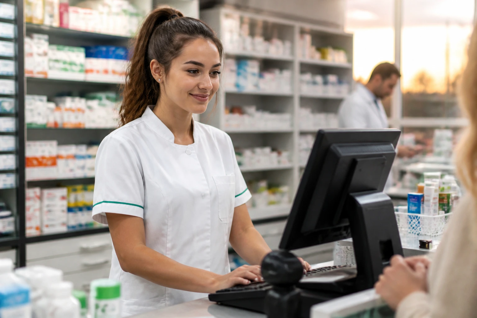 Medium close-up of a real pharmacy assistant at a busy Australian community pharmacy counter.