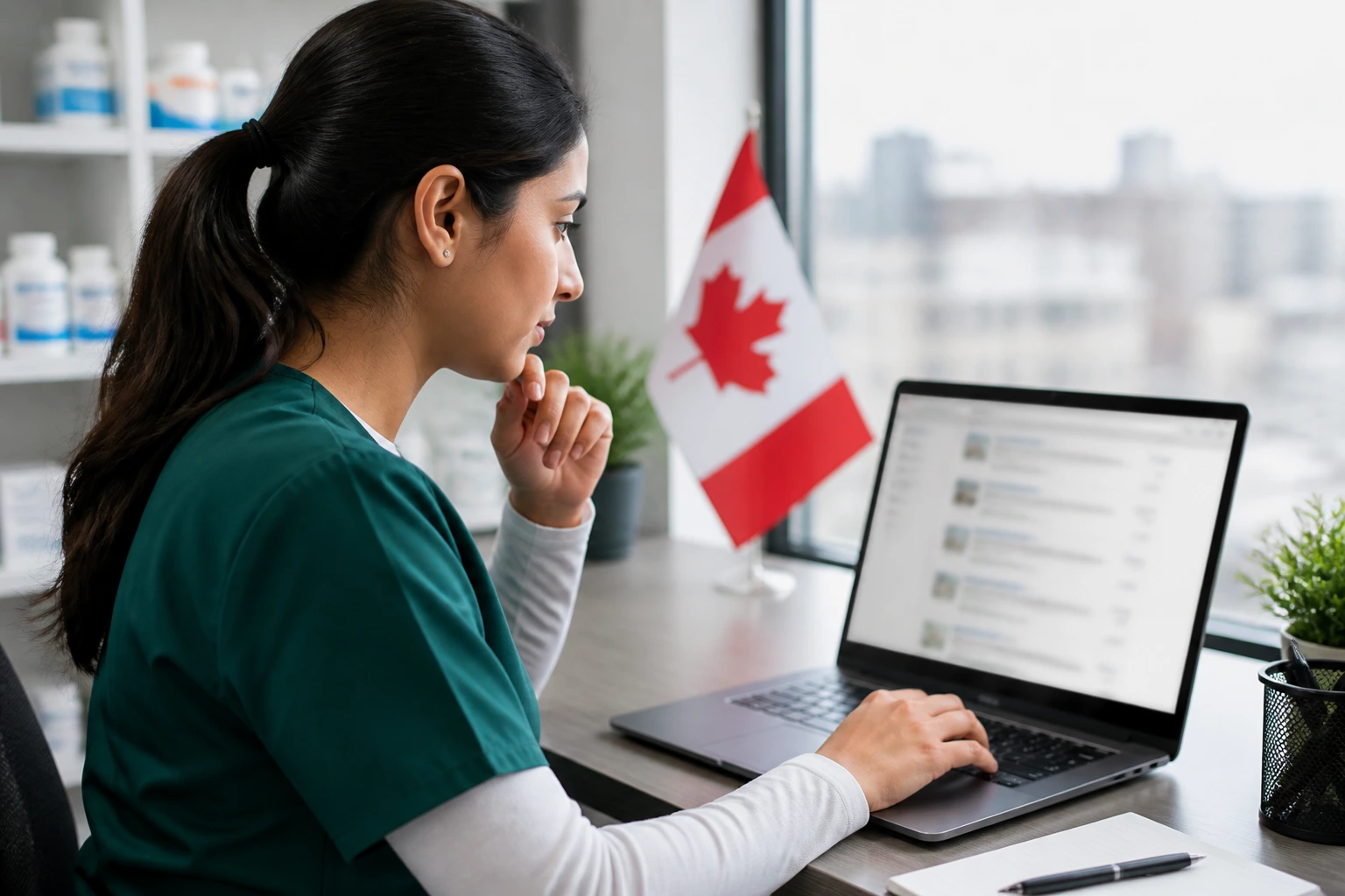Person researching pharmacy assistant jobs on a laptop in an office