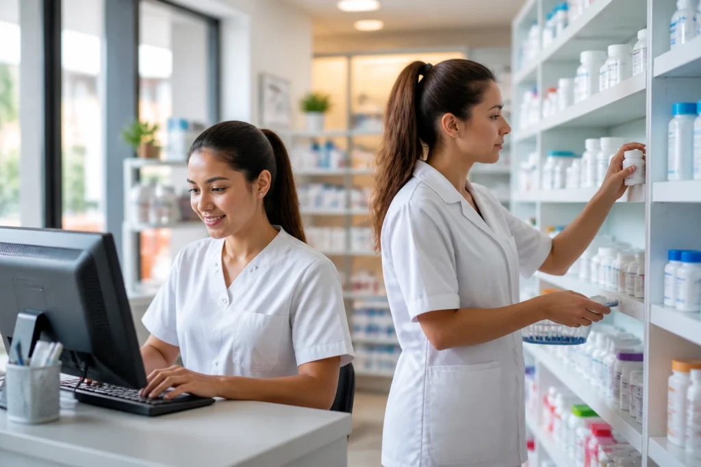 Two healthcare professionals in a pharmacy illustrating the difference between assistant and technician