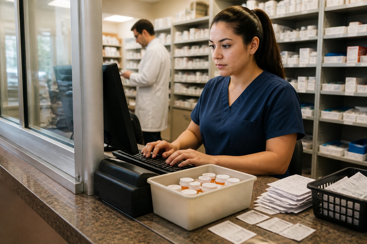 Pharmacy worker at prescription drop-off window entering patient details
