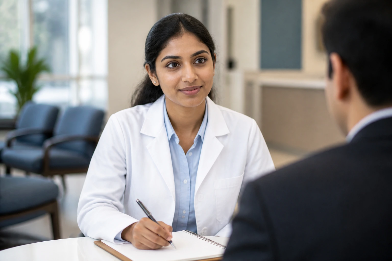Pharmacist in interview setting with a blank notepad